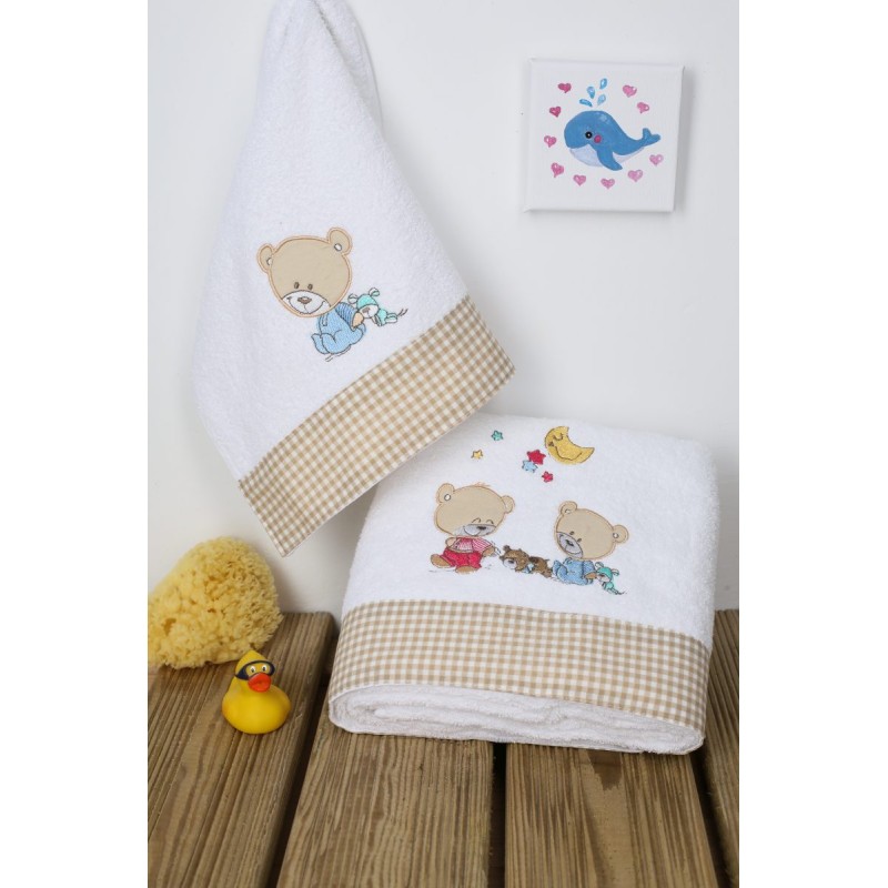 ΠΕΤΣΕΤΑ ΣΕΤ 2 τεμ bebe HAPPY BEARS 21 30X50,70X140 ΛΕΥΚΟ/ΜΠΕΖ Cotton 100%