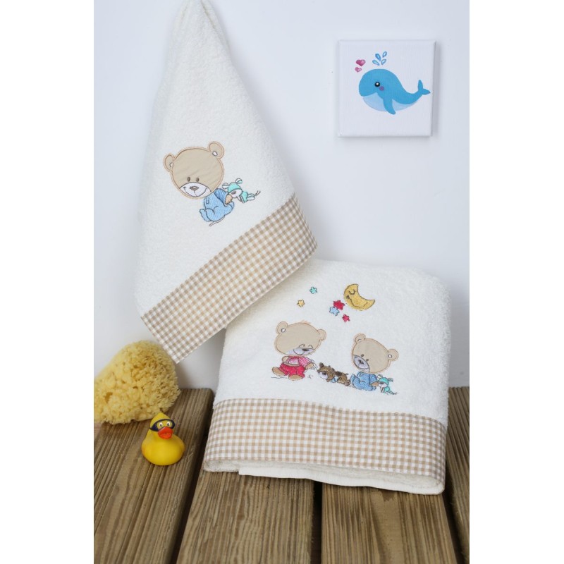 ΠΕΤΣΕΤΑ ΣΕΤ 2 τεμ bebe HAPPY BEARS 22 30X50,70X140 ΕΚΡΟΥ/ΜΠΕΖ Cotton 100%