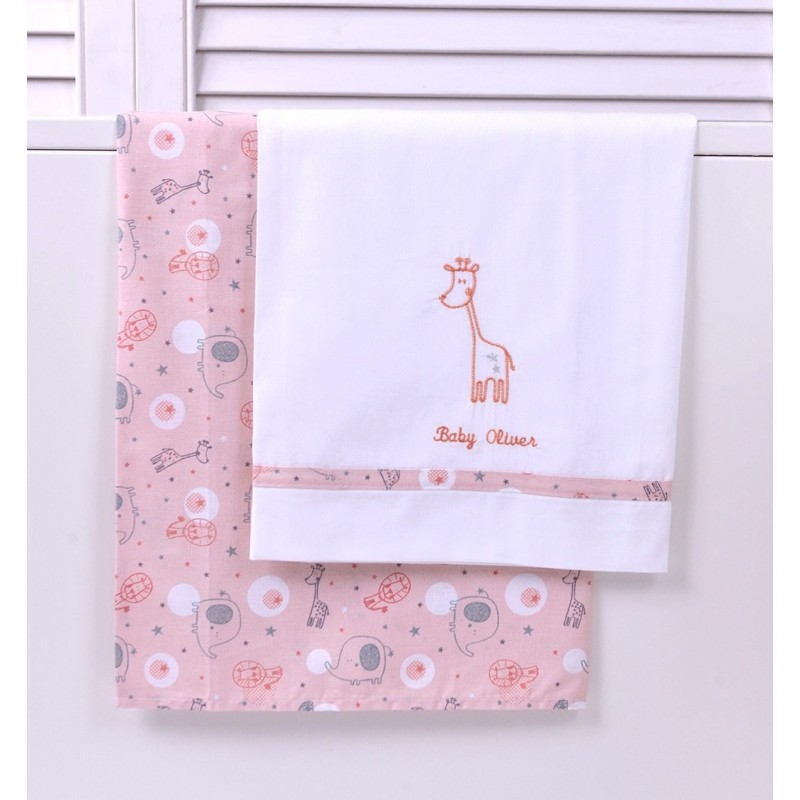 Baby Oliver Σετ Βρεφικά Σεντόνια Κούνιας Βαμβακερά Giraffe Pink 3τμχ 110x160εκ.