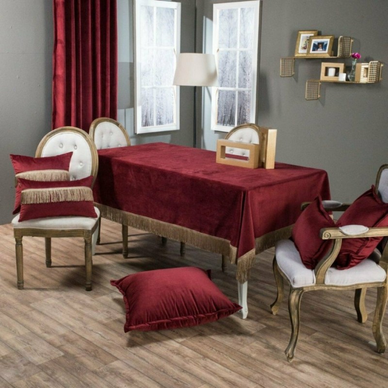 Teoran Τραπεζομάντηλο 140x140 Velvet 10 Bordo Με Κρόσια